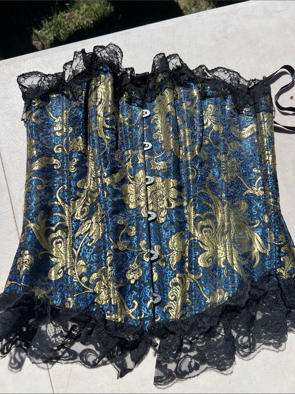 Black Lace Trim Blue & Gold Brocade Corset Top